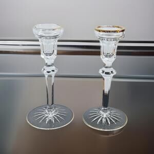 Vintage Crystal Miller Rogaska Candlesticks Holders 8"Gold Trim Signed Set of 2